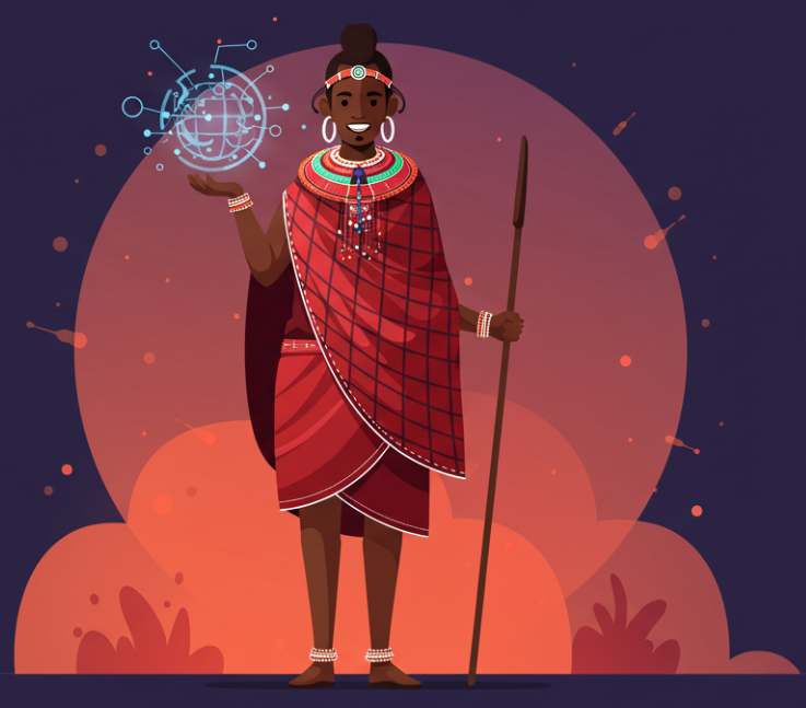 Person in traditional attire holding a holographic sphere